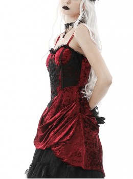 Gothic Style Luxury Velvet Black Lace Embroidery Embellished Vintage Wine Red Suspender Tube Top Dress