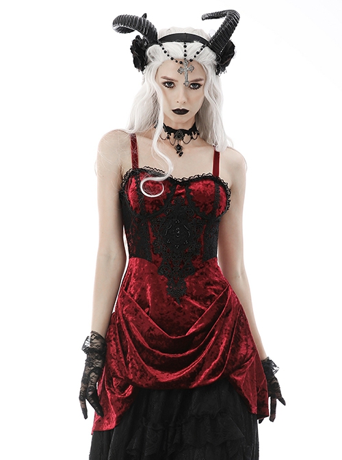 Gothic Style Luxury Velvet Black Lace Embroidery Embellished Vintage Wine Red Suspender Tube Top Dress