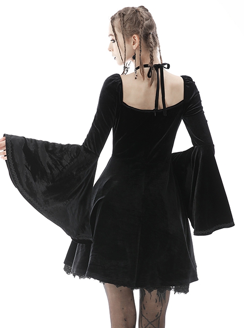 Gothic Style Retro Palace Trumpet Sleeves Square Collar Flower Halter Neck Black Dress