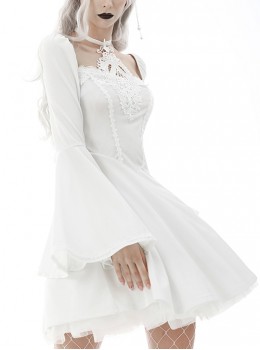 Gothic Style Elegant Square Collar Embroidered White Long Trumpet Sleeves Halterneck Dress