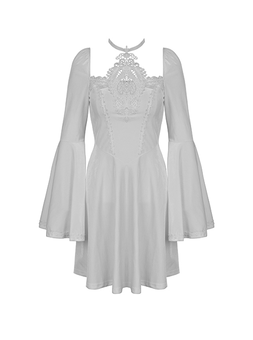 Gothic Style Elegant Square Collar Embroidered White Long Trumpet Sleeves Halterneck Dress