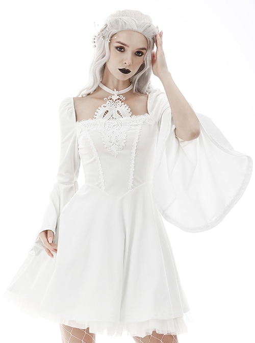 Gothic Style Elegant Square Collar Embroidered White Long Trumpet Sleeves Halterneck Dress