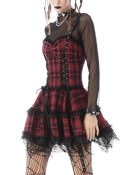 Rock Punk Style Lace Splicing Irregular Mesh Hem Cool Red And Black Plaid Suspender Dress