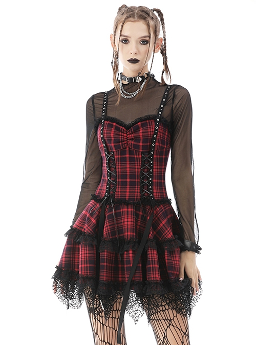 Rock Punk Style Lace Splicing Irregular Mesh Hem Cool Red And Black Plaid Suspender Dress
