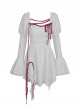 Gothic Style Red Lace Decorated Vampire Retro Palace Long Trumpet Sleeves White Dress