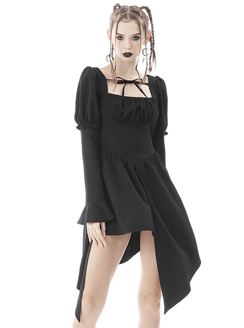 Gothic Style Elegant Square Neckline Ribbon Bowknot Hollow Hem Black Puff Long Sleeves Dress