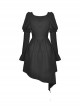 Gothic Style Elegant Square Neckline Ribbon Bowknot Hollow Hem Black Puff Long Sleeves Dress