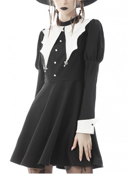 Gothic Style White Bat Wing Collar Metal Cross Decorated Black Puff Long Sleeves Dress