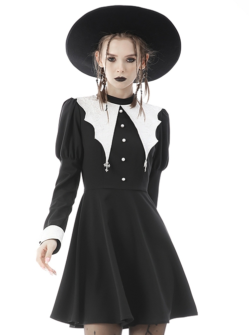 Gothic Style White Bat Wing Collar Metal Cross Decorated Black Puff Long Sleeves Dress