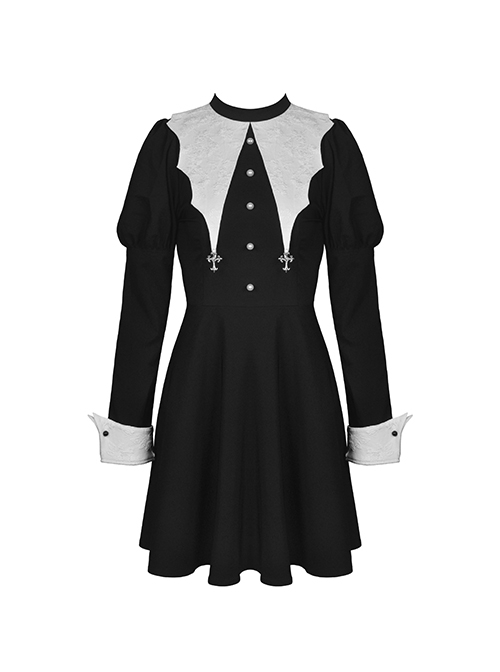 Gothic Style White Bat Wing Collar Metal Cross Decorated Black Puff Long Sleeves Dress