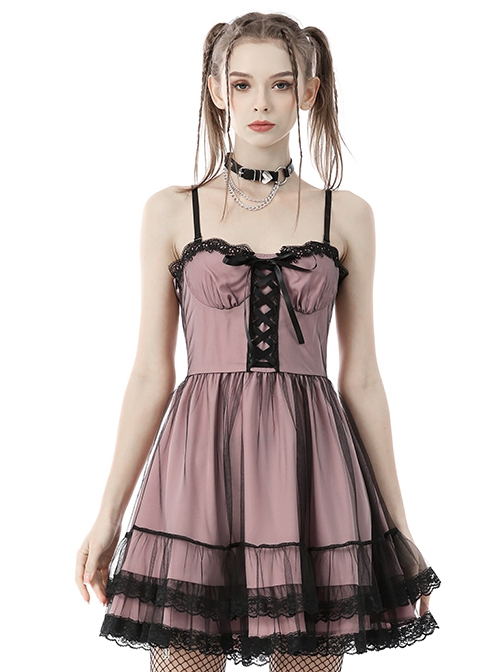 Punk Style Sexy Black Mesh Lace Cross Strap Decorated Sweet Pink Suspender Dress