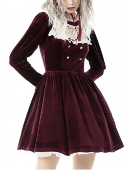 Gothic Style Palace Feel Velvet Beige Lace Splicing Neckline Retro Burgundy Long Sleeves Dress