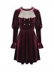 Gothic Style Palace Feel Velvet Beige Lace Splicing Neckline Retro Burgundy Long Sleeves Dress