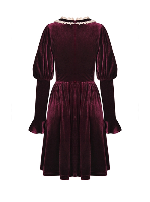 Gothic Style Palace Feel Velvet Beige Lace Splicing Neckline Retro Burgundy Long Sleeves Dress