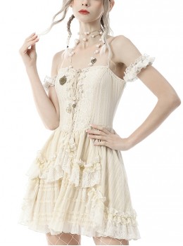 Steampunk Style Sexy Off-Shoulder Half-Sleeves Layered Lace Strap Beige Suspender Mini Dress