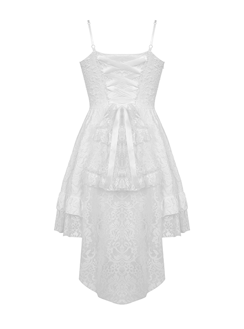 Gothic Style Exquisite Jacquard Fabric Lace Embroidery Long Tail Sexy White Suspender Dress