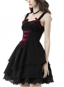 Gothic Style Sweet Burgundy Velvet Strapped Bowknot Lace Embellished Black Suspender Doll Dress