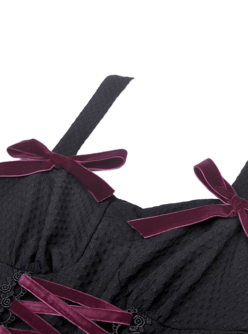 Gothic Style Sweet Burgundy Velvet Strapped Bowknot Lace Embellished Black Suspender Doll Dress