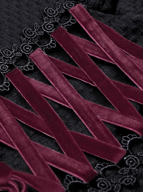 Gothic Style Sweet Burgundy Velvet Strapped Bowknot Lace Embellished Black Suspender Doll Dress
