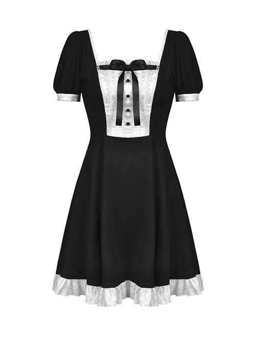 Gothic Style Doll Ribbon Bowknot Ruffled Hem Black And White Color Matching Cute Puff Sleeves Dress