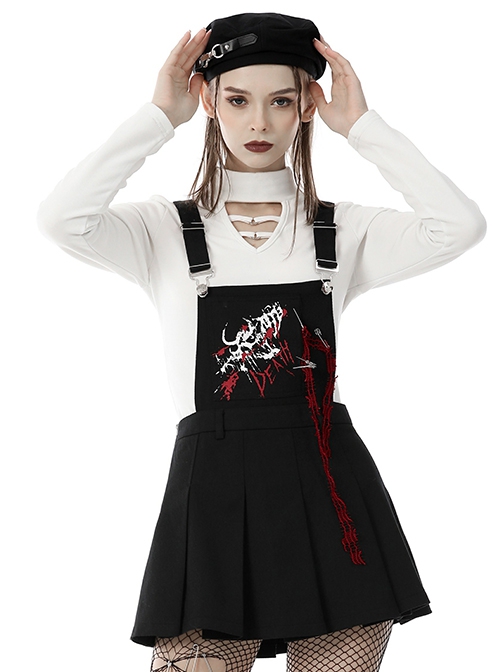 Punk Style Cool White And Red Printed Metal Pins Decorated Black Cross Strap Pleated Skirt