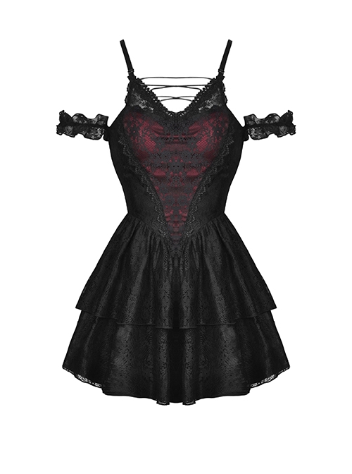 Gothic Vampire Style Sexy Lace Off-Shoulder Black And Red Suspender Tight Mini Dress