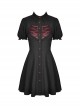 Dark Gothic Style Shirt Collar Red Love Heart Hollow Black Retro Puff Short Sleeves Button Dress