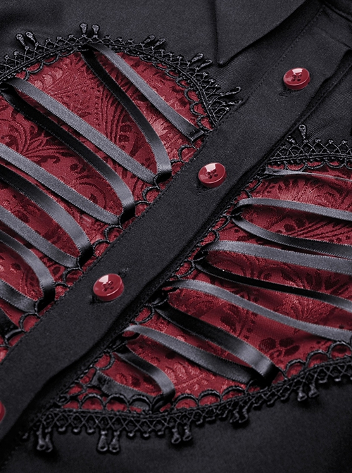 Dark Gothic Style Shirt Collar Red Love Heart Hollow Black Retro Puff Short Sleeves Button Dress