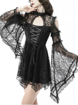 Gothic Style Elegant Stand Collar Sexy Lace Stitching Off Shoulder Cross Strap Black Long Sleeves Dress