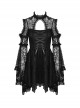 Gothic Style Elegant Stand Collar Sexy Lace Stitching Off Shoulder Cross Strap Black Long Sleeves Dress
