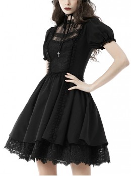 Gothic Style Lace Stand-Up Collar And Metal Cross Decoration Sweet Puff Sleeves Black Dress