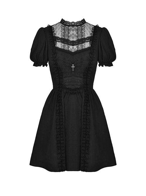 Gothic Style Lace Stand-Up Collar And Metal Cross Decoration Sweet Puff Sleeves Black Dress