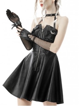 Punk Style Metal Buckle Zipper Decoration Cool Black Leather Suspender Halter Dress