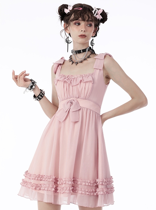 Gothic Style Cute Bowknot Ruffle Decoration Light Mesh Cross Strap Sweet Pink Suspender Dress
