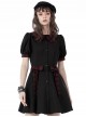 Gothic Style Unique Bleeding Doll Collar Design Red Plaid Strap Bowknot Black Puff Sleeves Dress