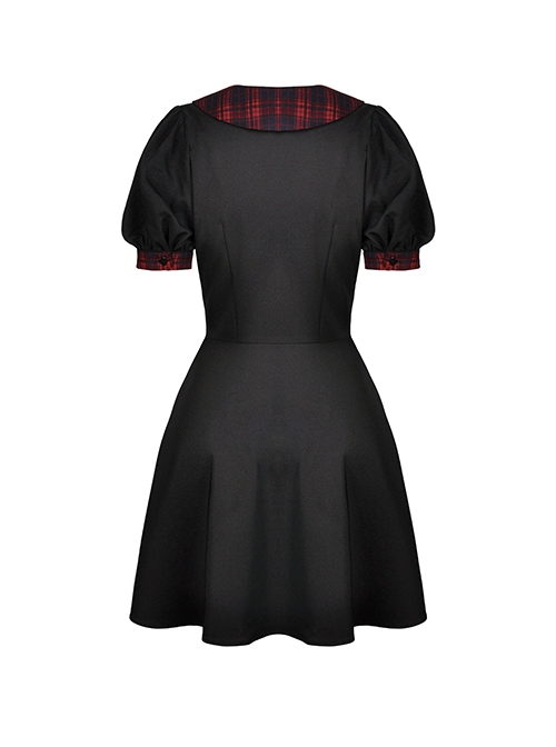 Gothic Style Unique Bleeding Doll Collar Design Red Plaid Strap Bowknot Black Puff Sleeves Dress