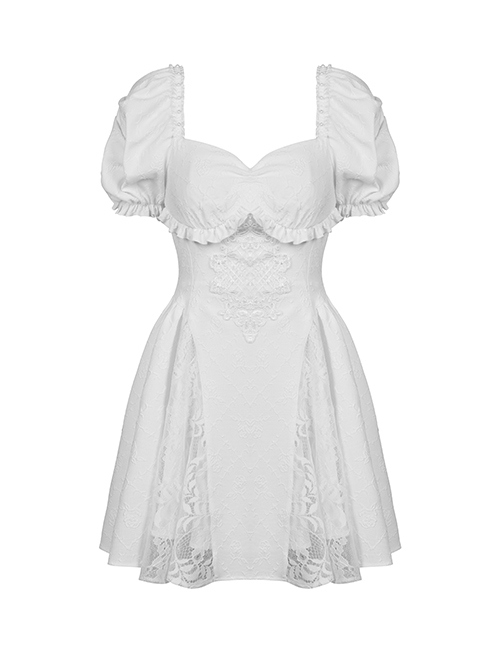 Gothic Style Elegant Jacquard Angel Lace Embroidery Daily Versatile White Puff Sleeve Dress