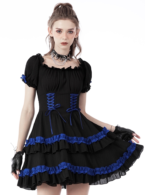 Gothic Style Blue Ribbon Bowknot Skirt Ruffled Black Cute Short Puff Sleeves Baby Doll Dress