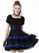 Gothic Style Blue Ribbon Bowknot Skirt Ruffled Black Cute Short Puff Sleeves Baby Doll Dress