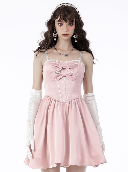 Gothic Style Cute White Lace Splicing Sweet Bowknot Decoration Exquisite Pink Suspender Mini Dress