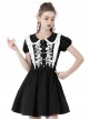 Gothic Style Cute Doll Collar Exquisite White Floral Embroidery Black Puff Sleeves Mini Dress