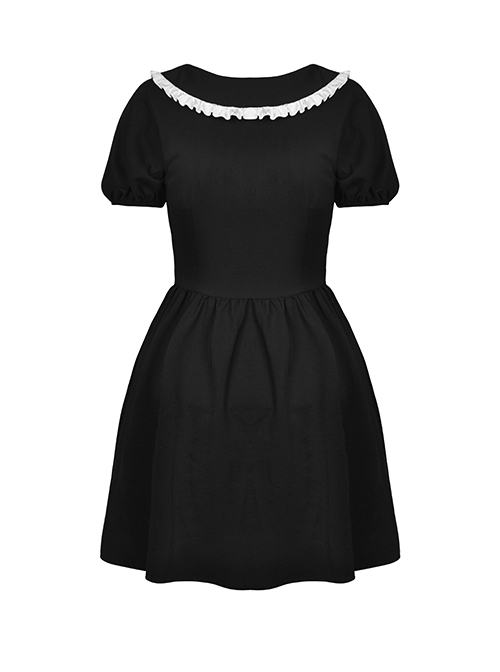Gothic Style Cute Doll Collar Exquisite White Floral Embroidery Black Puff Sleeves Mini Dress