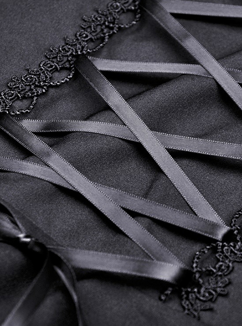 Gothic Style Ribbon Bow Retro Palace Style Bowknot Tie Black Halter Neck Puff Sleeves Mini Dress