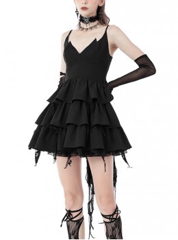 Gothic Style Irregular Mesh Multi-Layered Cake Hem Cross Strap Elegant Black Swan Suspender Dress