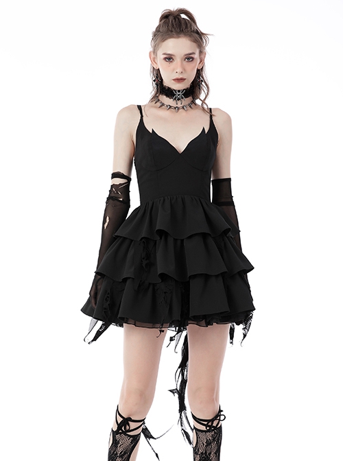 Gothic Style Irregular Mesh Multi-Layered Cake Hem Cross Strap Elegant Black Swan Suspender Dress