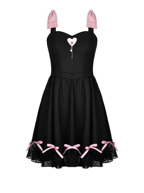 Gothic Style Sweet Pink Bowknot Leather Heart Decoration Pearl Pendant Embellished Black Suspender Doll Dress