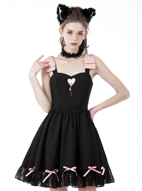 Gothic Style Sweet Pink Bowknot Leather Heart Decoration Pearl Pendant Embellished Black Suspender Doll Dress
