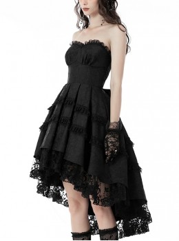 Dark Gothic Style Gorgeous Pleated Jacquard Floral Lace Hem Removable Sexy Strapless Tube Top Dress