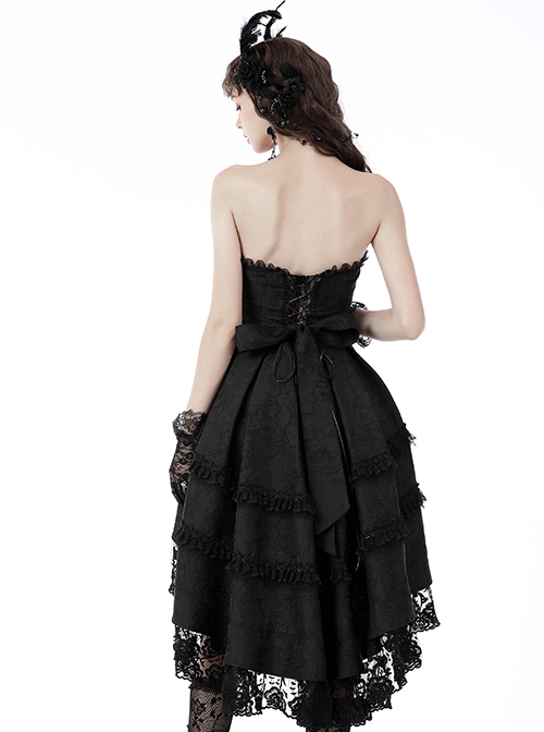 Dark Gothic Style Gorgeous Pleated Jacquard Floral Lace Hem Removable Sexy Strapless Tube Top Dress