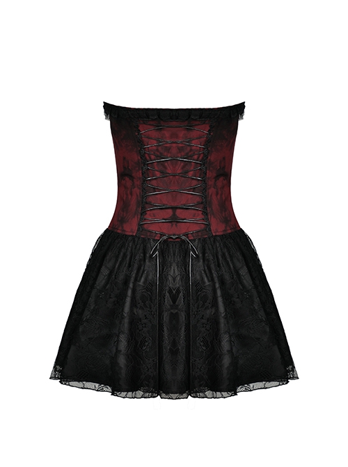 Gothic Style Red Off Shoulder Metal Cross Zipper Cross Strap Black Sexy Tube Top Waist Mini Dress